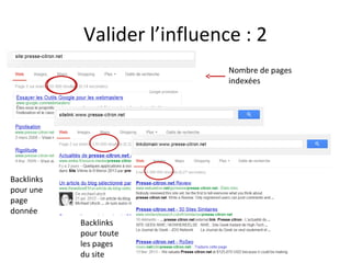 Valider l’influence : 2
Nombre de pages
indexées

Backlinks
pour une
page
donnée
Backlinks
pour toute
les pages
du site

 