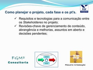 FGM²
Consul tori a
Projeto Integração
Como planejar o projeto, cada fase e os pt’s.
 Requisitos e tecnologias para a comunicação entre
os Stakeholderes no projeto;
 Revisões-chave de gerenciamento de conteúdo,
abrangência e melhorias, assuntos em aberto e
decisões pendentes;
 
