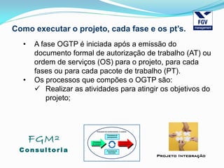 FGM²
Consul tori a
Projeto Integração
Como executar o projeto, cada fase e os pt’s.
• A fase OGTP é iniciada após a emissão do
documento formal de autorização de trabalho (AT) ou
ordem de serviços (OS) para o projeto, para cada
fases ou para cada pacote de trabalho (PT).
• Os processos que compões o OGTP são:
 Realizar as atividades para atingir os objetivos do
projeto;
 