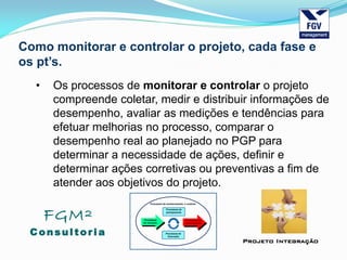 FGM²
Consul tori a
Projeto Integração
Como monitorar e controlar o projeto, cada fase e
os pt’s.
• Os processos de monitorar e controlar o projeto
compreende coletar, medir e distribuir informações de
desempenho, avaliar as medições e tendências para
efetuar melhorias no processo, comparar o
desempenho real ao planejado no PGP para
determinar a necessidade de ações, definir e
determinar ações corretivas ou preventivas a fim de
atender aos objetivos do projeto.
 