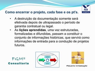 FGM²
Consul tori a
Projeto Integração
Como encerrar o projeto, cada fase e os pt’s.
• A destruição da documentação somente será
efetivada depois de ultrapassado o período de
garantia contratual ou legal.
• As lições aprendidas, uma vez estruturadas,
formalizadas e difundidas, passam a constituir o
conjunto de informações históricas, que servirá como
informações de entrada para a condução de projetos
futuros.
 