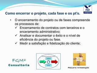 FGM²
Consul tori a
Projeto Integração
Como encerrar o projeto, cada fase e os pt’s.
• O encerramento do projeto ou de fases compreende
os processos de:
 Encerramento de contratos com terceiros e o
enceramento administrativo;
 Analisar e documentar o êxito e o nível de
eficiência do projeto ou fase.
 Medir a satisfação e fidelização do cliente;
 