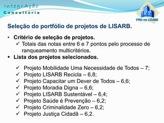 Seleção do portfólio de projetos de LISARB.
• Critério de seleção de projetos.
 Totais das notas entre 6 e 7 pontos pelo processo de
ranqueamento multicritérios.
 Lista dos projetos selecionados.
 Projeto Mobilidade Uma Necessidade de Todos – 7;
 Projeto LISARB Recicla – 6,8;
 Projeto Capacitar um Dever de Todos – 6,6;
 Projeto Moradia Digna – 6,6;
 Projeto LISARB Sustentável – 6,4;
 Projeto Saúde é Prevenção – 6,2;
 Projeto Criminalidade Zero – 6,2;
 Projeto Justiça Cidadã – 6,2.
 
