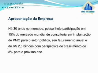 Apresentação da Empresa
Há 30 anos no mercado, possui hoje participação em
15% do mercado mundial de consultoria em implantação
de PMO para o setor público, seu faturamento anual é
de R$ 2,5 bilhões com perspectiva de crescimento de
8% para o próximo ano.
 