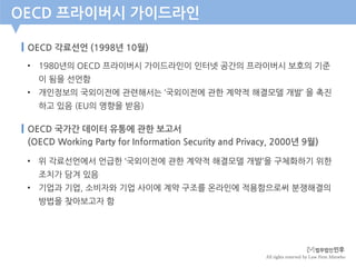 All rights reserved by Law Firm Minwho
OECD 각료선언 (1998년 10월)
OECD 프라이버시 가이드라인
• 1980년의 OECD 프라이버시 가이드라인이 인터넷 공간의 프라이버시 보호의 기준
이 됨을 선언함
• 개인정보의 국외이전에 관련해서는 ‘국외이전에 관한 계약적 해결모델 개발’ 을 촉진
하고 있음 (EU의 영향을 받음)
OECD 국가간 데이터 유통에 관한 보고서
(OECD Working Party for Information Security and Privacy, 2000년 9월)
• 위 각료선언에서 언급한 ‘국외이전에 관한 계약적 해결모델 개발’을 구체화하기 위한
조치가 담겨 있음
• 기업과 기업, 소비자와 기업 사이에 계약 구조를 온라인에 적용함으로써 분쟁해결의
방법을 찾아보고자 함
 