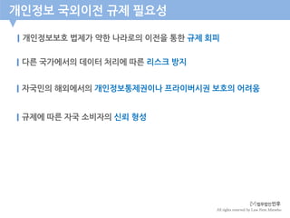 All rights reserved by Law Firm Minwho
개인정보보호 법제가 약한 나라로의 이전을 통한 규제 회피
개인정보 국외이전 규제 필요성
다른 국가에서의 데이터 처리에 따른 리스크 방지
자국민의 해외에서의 개인정보통제권이나 프라이버시권 보호의 어려움
규제에 따른 자국 소비자의 신뢰 형성
 