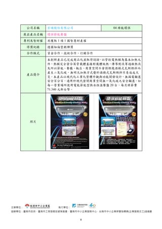 主辦單位： 執行單位：
協辦單位：臺南市政府、臺南市工商發展投資策進會、臺南市中小企業服務中心、台南市中小企業榮譽指導員(企業服務志工)協進會
8
公司名稱 宏璡股份有限公司 04 綠能環保
展出產品名稱 環保節能餐盤
專利及智財權 共獲取 1 項 1 國智慧財產權
得獎紀錄 德國紐倫堡銀牌獎
合作模式 資金合作、技術合作、行銷合作
產品簡介
本創新產品已完成商品化並取得認證，以管狀電熱膜為基本加熱元
件，熱膜完全密合英管載體直接對載體施熱，傳導對流等過程熱流
失所以節能。餐廳、飯店、商業空間不會因燃燒酒精式瓦斯燃料而
產生ニ氧化碳，無明火加熱方式優於酒精式瓦斯燃料不易造成火
災。本產品以現代化工業化整體外觀與功能開發設計，無漏電顧慮
安全百分百，適用於現代密閉商業空間無一氧化碳之安全顧慮，如
每一營業場所使用電能節能型熱水恆溫餐盤 20 台，每月將節費
71.340 元新台幣。
照片
 