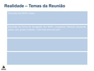Realidade – Temas da Reunião
Discussão dos MVPs criados.
Discussão da forma de divulgação dos MVPs: campanhas Adwords (keywords,
países, etc), grupos Linkedin, “cold mails and cold calls”.
 