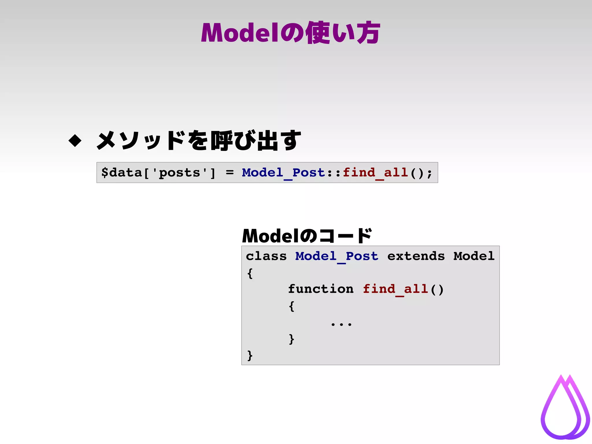 Modelの使い方
 メソッドを呼び出す
$data['posts'] = Model_Post::find_all();
class Model_Post extends Model
{
function find_all()
{
...
}
}
Modelのコード
 
