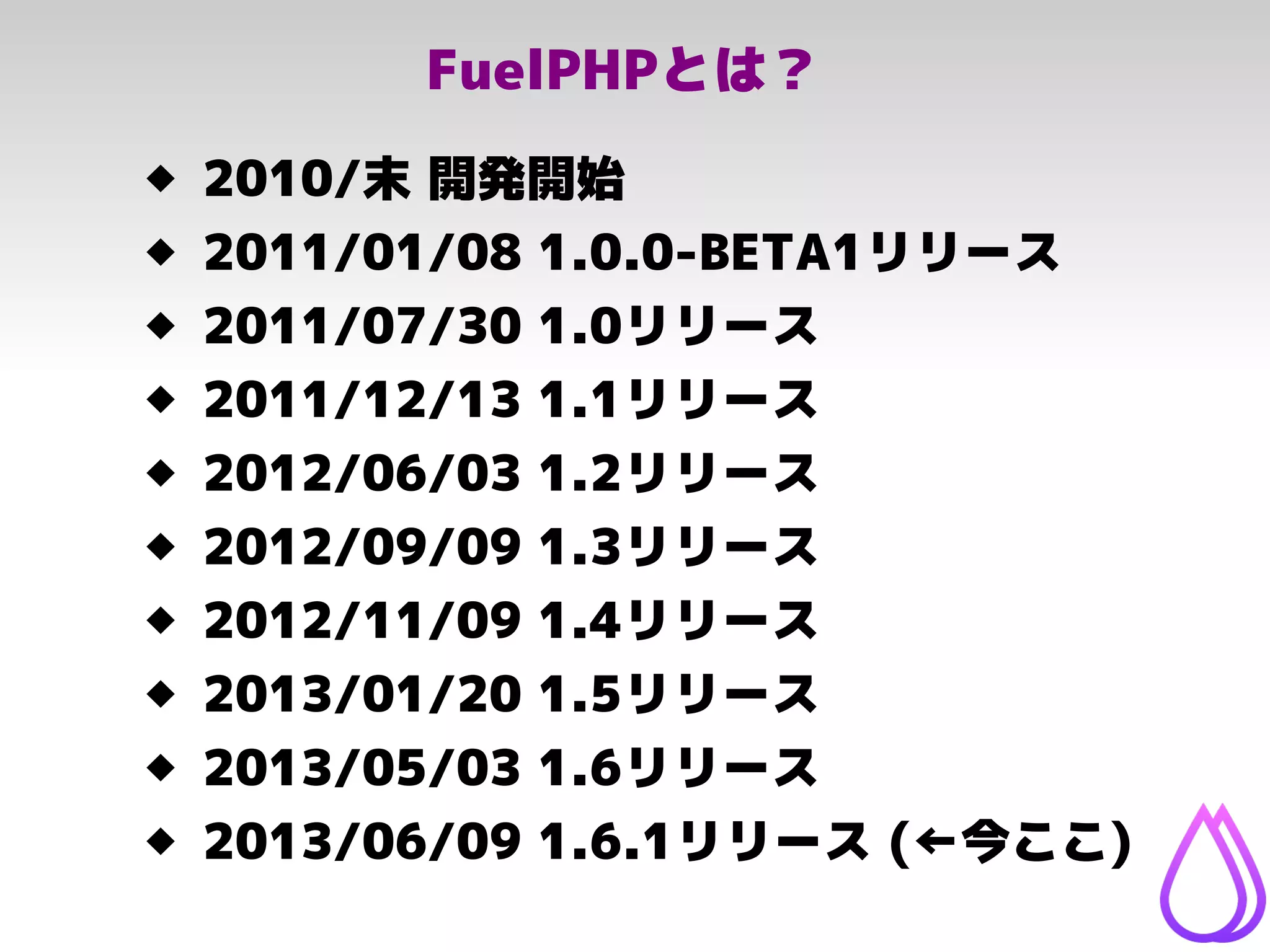 FuelPHPとは？
 2010/末 開発開始
 2011/01/08 1.0.0-BETA1リリース
 2011/07/30 1.0リリース
 2011/12/13 1.1リリース
 2012/06/03 1.2リリース
 2012/09/09 1.3リリース
 2012/11/09 1.4リリース
 2013/01/20 1.5リリース
 2013/05/03 1.6リリース
 2013/06/09 1.6.1リリース (←今ここ)
 