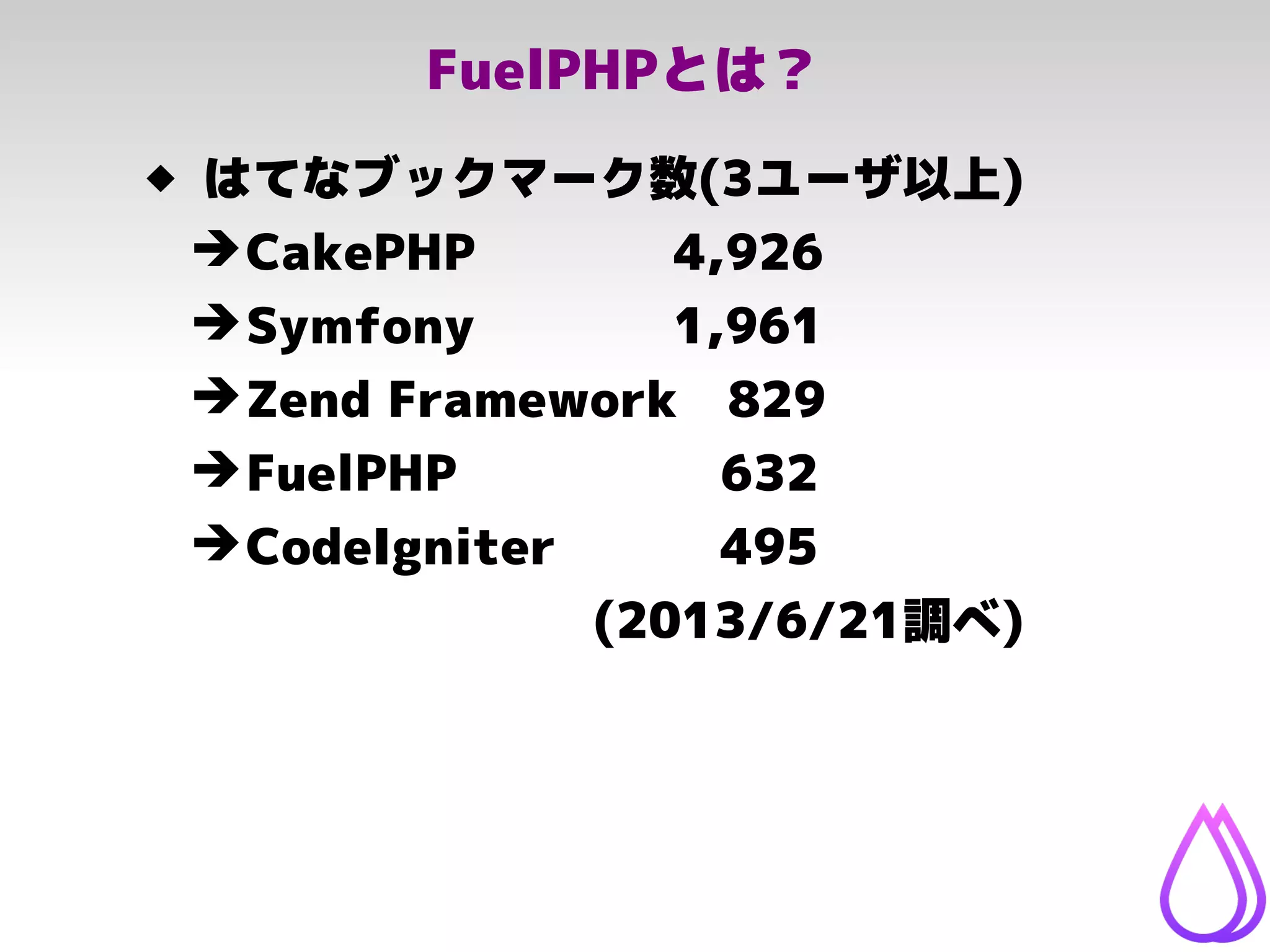 FuelPHPとは？
 はてなブックマーク数(3ユーザ以上)
➔CakePHP　　　　4,926
➔Symfony　　　　1,961
➔Zend Framework　829
➔FuelPHP　　　　　 632
➔CodeIgniter　　　 495
　　　　　　　(2013/6/21調べ)
 