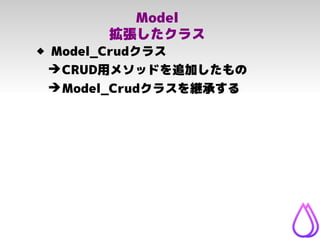 Model
拡張したクラス
 Model_Crudクラス
➔CRUD用メソッドを追加したもの
➔Model_Crudクラスを継承する
 
