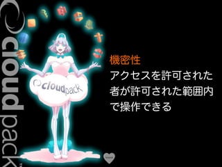 Conﬁdential
機密性
アクセスを許可された
者が許可された範囲内
で操作できる
 