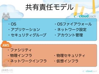 共有責任モデル
・ファシリティ
・物理インフラ
・ネットワークインフラ
・物理セキュリティ
・仮想インフラ
・OS
・アプリケーション
・セキュリティグループ
・OSファイアウォール
・ネットワーク設定
・アカウント管理
 