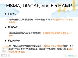 FISMA, DIACAP, and FedRAMP
FISMA
連邦政府および外部委託先に米法で義務づけられた情報セキュリティ強
化義務
DIACAP
国防総省の情報システムの適用規則、不測事態対応計画の立案＆テスト
義務
FedRAMP
2012年から米国で運用が開始された、政府のクラウド調達の際に、1つ
の省庁で認証を受けた事業者は、別の省庁でも追加仕様部分以外の認証
を引き継げる制度
 
