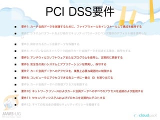 PCI DSS要件
要件1: カード会員データを保護するために、ファイアウォールをインストールして構成を維持する
要件2: システムパスワードおよび他のセキュリティパラメータにベンダ提供のデフォルト値を使用しな
い
要件3: 保存されるカード会員データを保護する
要件4: オープンな公共ネットワーク経由でカード会員データを伝送する場合、暗号化する
要件5: アンチウィルスソフトウェアまたはプログラムを使用し、定期的に更新する
要件6: 安全性の高いシステムとアプリケーションを開発し、保守する
要件7: カード会員データへのアクセスを、業務上必要な範囲内に制限する
要件8: コンピュータにアクセスできる各ユーザに一意の ID を割り当てる
要件9: カード会員データへの物理アクセスを制限する
要件10: ネットワークリソースおよびカード会員データへのすべてのアクセスを追跡および監視する
要件11: セキュリティシステムおよびプロセスを定期的にテストする
要件12: すべての担当者の情報セキュリティポリシーを整備する
 