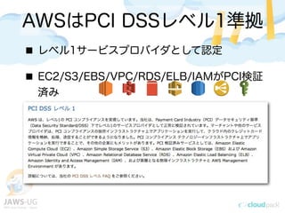 AWSはPCI DSSレベル1準拠
レベル1サービスプロバイダとして認定
EC2/S3/EBS/VPC/RDS/ELB/IAMがPCI検証
済み
 