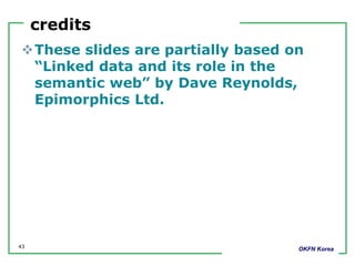 credits
These slides are partially based on
“Linked data and its role in the
semantic web” by Dave Reynolds,
Epimorphics Ltd.
OKFN Korea43
 