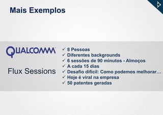 Mais Exemplos
Flux Sessions
 8 Pessoas
 Diferentes backgrounds
 6 sessões de 90 minutos - Almoços
 A cada 15 dias
 Desafio difícil: Como podemos melhorar…
 Hoje é viral na empresa
 50 patentes geradas
 