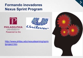 Formando inovadores
Nexus Sprint Program
http://www.philau.edu/nexuslearning/sprin
tproject.htm
 