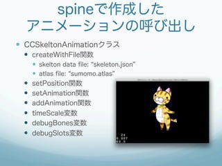 spineで作成した
アニメーションの呼び出し
  CCSkeltonAnimationクラス
  createWithFile関数
  skelton data ﬁle: skeleton.json
  atlas ﬁle: ...