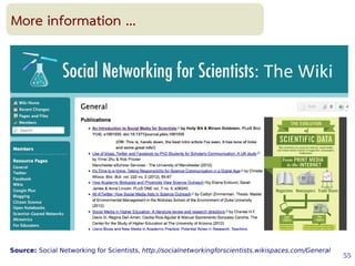 55
More information ...
Source: Social Networking for Scientists, http://socialnetworkingforscientists.wikispaces.com/General
 