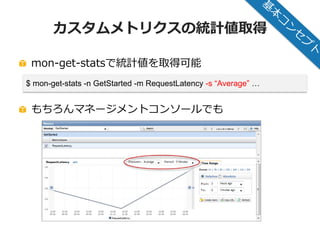 © 2012 Amazon.com, Inc. and its affiliates. All rights reserved. May not be copied, modified or distributed in whole or in part without the express consent of Amazon.com, Inc.
14
カスタムメトリクスの統計値取得
mon-get-statsで統計値を取得可能
もちろんマネージメントコンソールでも
$ mon-get-stats -n GetStarted -m RequestLatency -s “Average” …
 