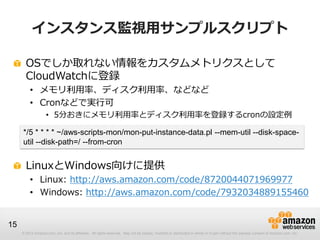 © 2012 Amazon.com, Inc. and its affiliates. All rights reserved. May not be copied, modified or distributed in whole or in part without the express consent of Amazon.com, Inc.
15
インスタンス監視用サンプルスクリプト
OSでしか取れない情報をカスタムメトリクスとして
CloudWatchに登録
• メモリ利用率、ディスク利用率、などなど
• Cronなどで実行可
• 5分おきにメモリ利用率とディスク利用率を登録するcronの設定例
LinuxとWindows向けに提供
• Linux: http://aws.amazon.com/code/8720044071969977
• Windows: http://aws.amazon.com/code/7932034889155460
*/5 * * * * ~/aws-scripts-mon/mon-put-instance-data.pl --mem-util --disk-space-
util --disk-path=/ --from-cron
 