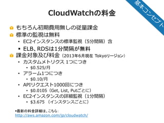 © 2012 Amazon.com, Inc. and its affiliates. All rights reserved. May not be copied, modified or distributed in whole or in part without the express consent of Amazon.com, Inc.
18
CloudWatchの料金
もちろん初期費用無しの従量課金
標準の監視は無料
• EC2インスタンスの標準監視（5分間隔）含
 ELB、RDSは1分間隔が無料
課金対象及び料金（2013年6月現在 Tokyoリージョン）
• カスタムメトリクス 1つにつき
• $0.525/月
• アラーム1つにつき
• $0.10/月
• APIリクエスト1000回につき
• $0.0105（Get, List, Putごとに）
• EC2インスタンスの詳細監視（1分間隔）
• $3.675 （インスタンスごとに）
最新の料金詳細は、こちら：
http://aws.amazon.com/jp/cloudwatch/
 