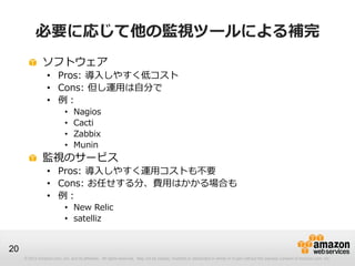 © 2012 Amazon.com, Inc. and its affiliates. All rights reserved. May not be copied, modified or distributed in whole or in part without the express consent of Amazon.com, Inc.
20
必要に応じて他の監視ツールによる補完
ソフトウェア
• Pros: 導入しやすく低コスト
• Cons: 但し運用は自分で
• 例：
• Nagios
• Cacti
• Zabbix
• Munin
監視のサービス
• Pros: 導入しやすく運用コストも不要
• Cons: お任せする分、費用はかかる場合も
• 例：
• New Relic
• satelliz
 