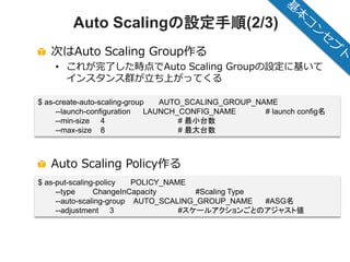 © 2012 Amazon.com, Inc. and its affiliates. All rights reserved. May not be copied, modified or distributed in whole or in part without the express consent of Amazon.com, Inc.
Auto Scalingの設定手順(2/3)
次はAuto Scaling Group作る
• これが完了した時点でAuto Scaling Groupの設定に基いて
インスタンス群が立ち上がってくる
Auto Scaling Policy作る
$ as-create-auto-scaling-group AUTO_SCALING_GROUP_NAME
--launch-configuration LAUNCH_CONFIG_NAME # launch config名
--min-size 4 # 最小台数
--max-size 8 # 最大台数
$ as-put-scaling-policy POLICY_NAME
--type ChangeInCapacity #Scaling Type
--auto-scaling-group AUTO_SCALING_GROUP_NAME #ASG名
--adjustment 3 #スケールアクションごとのアジャスト値
 
