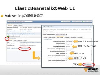 © 2012 Amazon.com, Inc. and its affiliates. All rights reserved. May not be copied, modified or distributed in whole or in part without the express consent of Amazon.com, Inc.
ElasticBeanstalkのWeb UI
45
Autoscalingの閾値を設定
変更  CPUUtilization
変更  Percent
Click
変更  70
変更  30
 