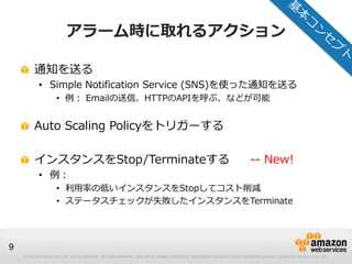 © 2012 Amazon.com, Inc. and its affiliates. All rights reserved. May not be copied, modified or distributed in whole or in part without the express consent of Amazon.com, Inc.
9
アラーム時に取れるアクション
通知を送る
• Simple Notification Service (SNS)を使った通知を送る
• 例： Emailの送信、HTTPのAPIを呼ぶ、などが可能
Auto Scaling Policyをトリガーする
インスタンスをStop/Terminateする -- New!
• 例：
• 利用率の低いインスタンスをStopしてコスト削減
• ステータスチェックが失敗したインスタンスをTerminate
 