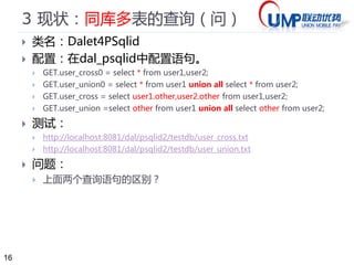 16 
3 现状：DAL在技术规划中的地位（简） 
负载均衡层 
CDN 区域负载 
（可选） 
F5/LVS 
+Nginx/ 
Haproxy 
Web前置集群综合前置FSL 
异 
步 
订阅 
同 
步 
服务层缓存层持久层 
综合前置 
FSL 
通知和反馈SMS，Email，IM，… 
Memcached 
+ Membase 
二级缓存 
应用切分 
水平切分 
垂直切分 
读写分离 
双主多从 
F5/LVS 
+Nginx/ 
Haproxy 
主备机制 
JMS 
Camel 
通过DAL访问 
NOSQL 
DB 
Hadoop / HBase 
… 
NameNode2 
复制 
Master DB 
（行式）在线交易库 
Master / Slave，分片，集群 
DataNodes 
同NameNode1 
步 
 
异 
步 
页面缓存 
Squid 
Varnish 
OSCache 
静态资源 
合作机构 
银行 
移动 
商户 
分布式服务集群 
应用服务：ASL 
基础服务：BSL 
数据访问：DAL 
监控服务定时服务：TSL 
集群 
… 
读 
（列式）离线分析库 
写 
读… 
复 
制 
Slave DB 
 