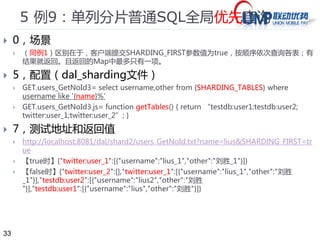 33 
5 例6：单列分片预编译多表查询（整型） 
 0，场景 
 按单一字段进行分片，分片字段不区分int和String类型，其他字段需要区分。 
 客户端同时提交SHARDING_KEY1和SHARDING_KEY2参数值。 
 5，配置（dal_sharding文件） 
 GET.psql_ByRange3int = select id,other from {SHARDING_TABLES} where 
id>{SHARDING_KEY1} AND id<{SHARDING_KEY2} 
 GET.psql_ByRange3int.js = function getTables(id1,id2) { if (id1>=100) return 
"testdb:user2"; else if (id2<=100) return "testdb:user1"; else return 
"testdb:user1;testdb:user2"; } 
 7，测试地址和返回值 
 http://localhost:8081/dal/shard2/users_ByRange3int.txt?SHARDING_KEY1=2&SHARDI 
NG_KEY2=102 【返回】{"testdb:user2":[{"id":101,"other":"刘胜 
"}],"testdb:user1":[{"id":4,"other":"赵军"}]} 
 http://localhost:8081/dal/shard2/users_ByRange3int.txt?SHARDING_KEY1=3&SHARDI 
NG_KEY2=99 【返回】{"testdb:user1":[{"id":4,"other":"赵军"}]} 
 http://localhost:8081/dal/shard2/users_ByRange3int.txt?SHARDING_KEY1=100&SHAR 
DING_KEY2=102 【返回】{“testdb:user2”:[{“id”:101,“other”:“刘胜”}]} 
 问题： 
 有没有发现上面实现上的小花招？是否需要改进？ 
 
