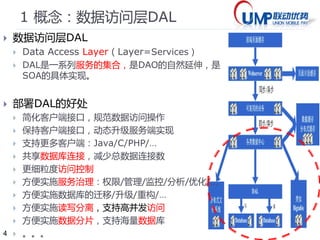 4 
1*概念：高可用数据存储架构（问） 
 Share-Anything架构 
 案例：Oracle RAC共享缓存和存储 
 缺点：扩展能力有限（<10） 
 Share-Storage主备架构 
 案例：DB2双机主备方案 
 缺点：存储是单点 
 Share-Nothing分区架构 
 案例：DB2v9分区方案 
 缺点：管理节点是单点？ 
 Share-Nothing主从架构（问：区别？） 
 案例：MySQL主从单向复制 
 缺点：写库是单点，也是瓶颈 
 Share-Nothing主主架构 
 案例：MySQL主从双向复制 
 缺点：未读写分离 
 Share-Nothing双主多从 
 优点：写库非单点，第一写库可停机 
 缺点：写库是瓶颈，第二写库不能停机 
DAL 
代理？ 
 