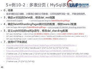 46 
5+例10-2：多表分页（MySql多预编译） 
 0，场景 
 按多表的总记录数，计算各分表的分页参数；分页和排序字段一致，不做全局排序。 
 3，确定uri对应的Dalet类，修改dal_rest配置 
 /dal/shard3/{sqlid} = com.bs3.app.dal.engine.Dalet4Sharding4Page 
 4，确定Dalet4ShardingPaged类对应的配置，修改beans2配置 
 com.bs3.app.dal.engine.Dalet4Sharding4Page = com/umpay/v3/dal/dal_sharding.properties 
 5，定义sqlid对应的sql和js语句，修改dal_sharding配置 
 GET.psql_MySqlPage = select id from {SHARDING_TABLES} where 1=1 limit {LIMIT_OFFSET},{LIMIT_ROWS} 
 GET.psql_MySqlPage.js = function getTables() { return "testdb:user1;testdb:user2;twitter:user_1;twitter:user_2"; } 
 GET.psql_MySqlPage.count = select count(*) from {SHARDING_TABLES} where 1=1 
 7，使用HTTP来测试 
 http://localhost:8081/dal/shard3/psql_MySqlPage.txt?PAGESIZE=5&PAGENUM=1 
 {"testdb:user2":[{"id":101}],"testdb:user1":[{"id":1},{"id":2},{"id":3},{"id":4}]} 
 http://localhost:8081/dal/shard3/psql_MySqlPage.txt?PAGESIZE=5&PAGENUM=2 
 {"twitter:user_2":[],"twitter:user_1":[{"id":1},{"id":3}],"testdb:user2":[{"id":102},{"id":103},{"id":104}]} 
 http://localhost:8081/dal/shard3/psql_MySqlPage.txt?PAGESIZE=5&PAGENUM=3&SHARDING_CO 
OKIES=4_4_2_2 
 {"twitter:user_2":[{"id":2},{"id":4}]} 
 