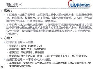57 
爬虫技术 
 需求： 
 （赵晓庆）给出手机号码，从互联网上把个人基本信息补全，比如身份证号 
码、家庭住址、教育程度。能不能通过技术手段拿到微博、人人网、校友录 
等的用户资料不，还有婚庆网站、电商网站。 
 （李亚光）跟几次张总交流过程中，张都提到了抓取外部数据的事情，你看 
这个事有啥快速出成果的技术方案没？或者给指出个技术方向。现在要有这 
么一个框架，java最好能够通过指定url分层获取页面数据，并将数据静态 
化成文件。 
 方案： 
 获取页面信息——爬虫 
 根据语言：java，python，Go 
 根据页面：静态HTML，动态JS脚本 
 信息类型：非敏感信息，敏感信息 
 收集方式：匿名主动获取（爬虫），商户合作获取（购买），用户主动提交。 
 挖掘页面信息——半格式化文本挖掘。 
 半格式化的，文本挖掘。因为输入不规范，所以也没有什么稳定可靠的算法，需 
要根据输入随时调整。 
