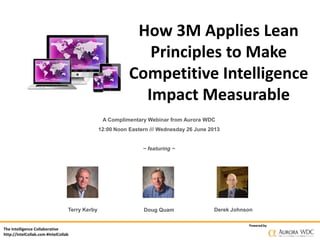 The Intelligence Collaborative
http://IntelCollab.com #IntelCollab
Poweredby
How 3M Applies Lean
Principles to Make
Competitive Intelligence
Impact Measurable
A Complimentary Webinar from Aurora WDC
12:00 Noon Eastern /// Wednesday 26 June 2013
~ featuring ~
Terry Kerby Derek JohnsonDoug Quam
 