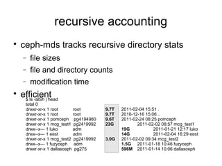 recursive accounting

ceph-mds tracks recursive directory stats
− file sizes
− file and directory counts
− modification time

efficient$ ls -alSh | head
total 0
drwxr-xr-x 1 root root 9.7T 2011-02-04 15:51 .
drwxr-xr-x 1 root root 9.7T 2010-12-16 15:06 ..
drwxr-xr-x 1 pomceph pg4194980 9.6T 2011-02-24 08:25 pomceph
drwxr-xr-x 1 mcg_test1 pg2419992 23G 2011-02-02 08:57 mcg_test1
drwx--x--- 1 luko adm 19G 2011-01-21 12:17 luko
drwx--x--- 1 eest adm 14G 2011-02-04 16:29 eest
drwxr-xr-x 1 mcg_test2 pg2419992 3.0G 2011-02-02 09:34 mcg_test2
drwx--x--- 1 fuzyceph adm 1.5G 2011-01-18 10:46 fuzyceph
drwxr-xr-x 1 dallasceph pg275 596M 2011-01-14 10:06 dallasceph
 