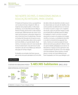 No norte do país, o Amazonas inova a
educação integral para jovens
O Estado do Amazonas iniciou sua experiência
com escolas de tempo integral em 2002, ao
implantar dois projetos-piloto, no Município
de Manaus, nas escolas Marcantonio Villaça e
Petrônio Portela, pertencentes à rede estadual
de educação. Diferentemente de muitos muni-
cípios que priorizaram a educação integral nos
anos iniciais do Ensino Fundamental, a Secreta-
ria Estadual de Educação do Amazonas ousou
ao iniciar suas discussões sobre o tema a partir
do Ensino Médio, um grande desafio. Atual-
mente, o município conta com nove escolas de
Ensino Fundamental I, nove de Ensino Funda-
mental II e oito de Ensino Médio que oferecem
educação em tempo integral.
Os desafios encontrados não foram poucos,
pois cientes das particularidades do Ensino Mé-
dio (altos índices de abandono escolar e assun-
tos relacionados ao mercado de trabalho, entre
outras questões da adolescência), era necessá-
rio motivar os jovens a seguir com a trajetória
de estudos, agora em período integral. A saída
encontrada pela Escola Marcoantonio Villaça
foi readequar a matriz curricular e envolver
ativamente os jovens em projetos de iniciação
científica, nos quais a curiosidade de descobrir
o mundo é constantemente aguçada. Para
tanto, investiu-se na reestruturação de locais
dentro da escola que pudessem oferecer maio-
res oportunidades pedagógicas aos alunos. Os
laboratórios e espaços ociosos ganharam vida
e proporcionaram aos alunos uma nova relação
com esse ambiente. Dessa maneira, a escola
passou a contar com duas bibliotecas que
foram equipadas com livros que dialogam com
O estado do Amazonas possui 3.483.985 habitantes (IBGE, 2012)
Rede estadual de educação
IDEB/2011: 4,3 para o 5º ano e 3,8 para o 9º ano
amazonas
04escolas de
Educação
Infantil
345escolas
de Ensino
Fundamental I
483.268Alunos
17.149Professores
387escolas
de Ensino
Fundamental II
350escolas
de Ensino
Médio
52
Percursos da
Educação Integral
EM BUSCA DA QUALIDADE E
da EQUIDADE
 