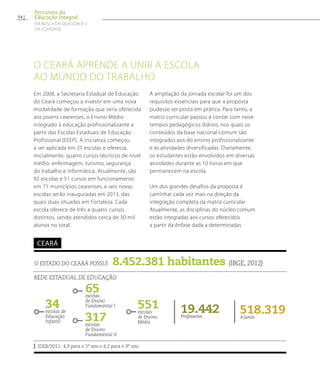 O Ceará aprende a unir a escola
ao mundo do trabalho
Em 2008, a Secretaria Estadual de Educação
do Ceará começou a investir em uma nova
modalidade de formação que seria oferecida
aos jovens cearenses, o Ensino Médio
integrado à educação profissionalizante a
partir das Escolas Estaduais de Educação
Profissional (EEEP). A iniciativa começou
a ser aplicada em 25 escolas e oferecia,
inicialmente, quatro cursos técnicos de nível
médio: enfermagem, turismo, segurança
do trabalho e informática. Atualmente, são
92 escolas e 51 cursos em funcionamento
em 71 municípios cearenses, e seis novas
escolas serão inauguradas em 2013, das
quais duas situadas em Fortaleza. Cada
escola oferece de três a quatro cursos
distintos, sendo atendidos cerca de 30 mil
alunos no total.
A ampliação da jornada escolar foi um dos
requisitos essenciais para que a proposta
pudesse ser posta em prática. Para tanto, a
matriz curricular passou a contar com nove
tempos pedagógicos diários, nos quais os
conteúdos da base nacional comum são
integrados aos do ensino profissionalizante
e às atividades diversificadas. Diariamente,
os estudantes estão envolvidos em diversas
atividades durante as 10 horas em que
permanecem na escola.
Um dos grandes desafios da proposta é
caminhar cada vez mais na direção da
integração completa da matriz curricular.
Atualmente, as disciplinas do núcleo comum
estão integradas aos cursos oferecidos
a partir da ênfase dada a determinadas
O estado do ceará possui 8.452.381 habitantes (IBGE, 2012)
Rede estadual de educação
IDEB/2011: 4,9 para o 5º ano e 4,2 para o 9º ano
ceará
34escolas de
Educação
Infantil
65escolas
de Ensino
Fundamental I
518.319Alunos
19.442Professores
317escolas
de Ensino
Fundamental II
551escolas
de Ensino
Médio
54
Percursos da
Educação Integral
EM BUSCA DA QUALIDADE E
da EQUIDADE
 