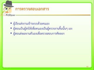 11
การตรวจสอบเอกสารการตรวจสอบเอกสาร
• ผู้เรียนส่งงานเข้าระบบด้วยตนเอง
• ผู้สอนเป็นผู้ส่งให้เพื่อตนเองเป็นผู้ตรวจงานชิ้นนั้นๆ เอง
• ผู้สอนส่งผลงานตัวเองเพื่อตรวจสอบการคัดลอก
 