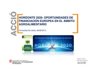 HORIZONTE 2020: OPORTUNIDADES DE
FINANCIACIÓN EUROPEA EN EL ÁMBITO
AGROALIMENTARIO
Universitat de Lleida, 28/06/2013
Cristina Peña
Rdi Internacional
 