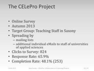 The CELePro Project
• Online Survey
• Autumn 2013
• Target Group: Teaching Staff in Saxony
• Spreading by
– mailing lists
– additional individual eMails to staff of universities
of applied sciences
• Clicks to Survey: 824
• Response Rate: 65.9%
• Completion Rate: 48.1% (253)
16.06.2013 Anja Lorenz – CELePro: Collaboration in E-Learning Projects 22 | 19
 