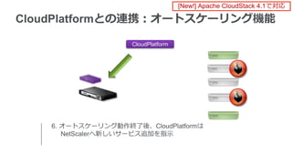 CloudPlatform
CloudPlatformとの連携：オートスケーリング機能
6. オートスケーリング動作終了後、CloudPlatformは
NetScalerへ新しいサービス追加を指示
[New!] Apache CloudStack 4.1で対応
 