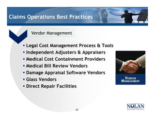 § Legal Cost Management Process & Tools
§ Independent Adjusters & Appraisers
§ Medical Cost Containment Providers
§ Medical Bill Review Vendors
§ Damage Appraisal Software Vendors
§ Glass Vendors
§ Direct Repair Facilities
Vendor Management
19
Claims Operations Best Practices
 
