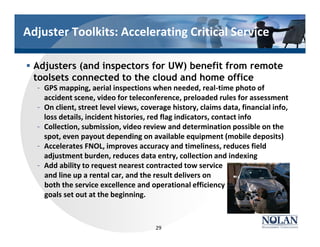 Adjuster Toolkits: Accelerating Critical Service
§ Adjusters (and inspectors for UW) benefit from remote
toolsets connected to the cloud and home office
– GPS mapping, aerial inspections when needed, real-time photo of
accident scene, video for teleconference, preloaded rules for assessment
– On client, street level views, coverage history, claims data, financial info,
loss details, incident histories, red flag indicators, contact info
– Collection, submission, video review and determination possible on the
spot, even payout depending on available equipment (mobile deposits)
– Accelerates FNOL, improves accuracy and timeliness, reduces field
adjustment burden, reduces data entry, collection and indexing
– Add ability to request nearest contracted tow service
and line up a rental car, and the result delivers on
both the service excellence and operational efficiency
goals set out at the beginning.
29
 