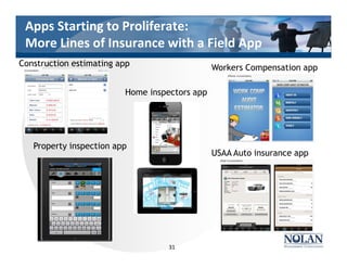 Apps Starting to Proliferate:
More Lines of Insurance with a Field App
31
Construction estimating app Workers Compensation app
USAA Auto insurance app
Home inspectors app
Property inspection app
 