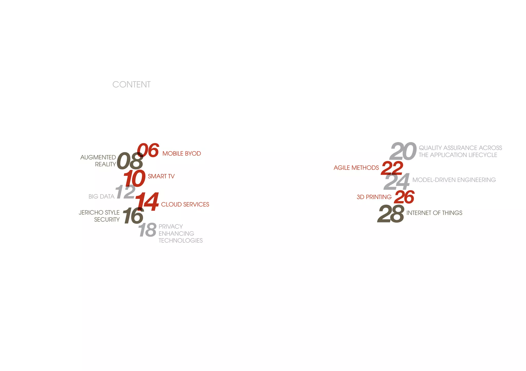 CONTENT
16
06
18
12
08
10
14
MOBILE BYOD
PRIVACY
ENHANCING
TECHNOLOGIES
BIG DATA
JERICHO STYLE
SECURITY
SMART TV
CLOUD SERVICES
AUGMENTED
REALITY
22
24
26
20
28
AGILE METHODS
3D PRINTING
QUALITY ASSURANCE ACROSS
THE APPLICATION LIFECYCLE
MODEL-DRIVEN ENGINEERING
INTERNET OF THINGS
 